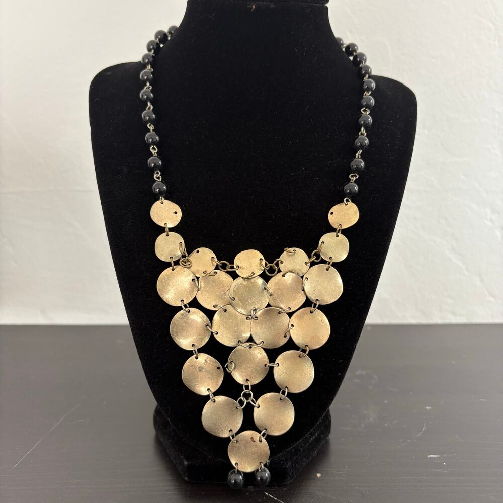 Gold Black Hammered Disk Princess Necklace Shiny Black Bead chain lobster claw